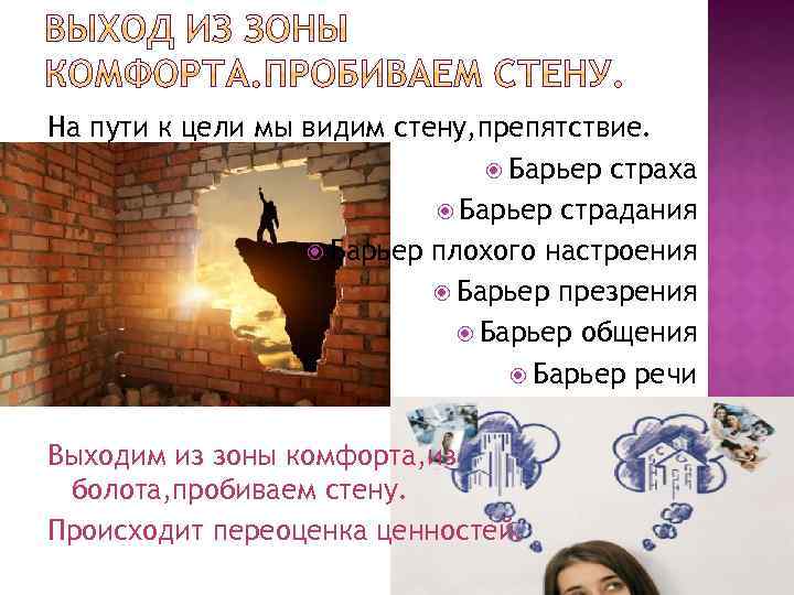 На пути к цели мы видим стену, препятствие. Барьер страха Барьер страдания Барьер плохого