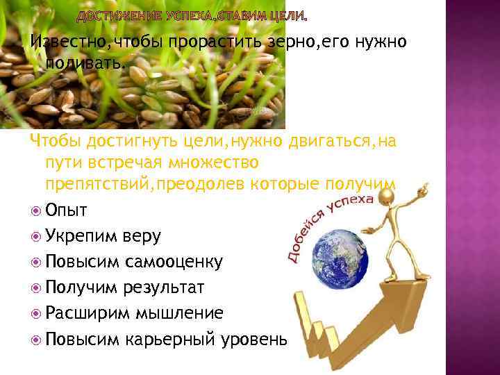 ДОСТИЖЕНИЕ УСПЕХА. СТАВИМ ЦЕЛИ. Известно, чтобы прорастить зерно, его нужно поливать. Чтобы достигнуть цели,