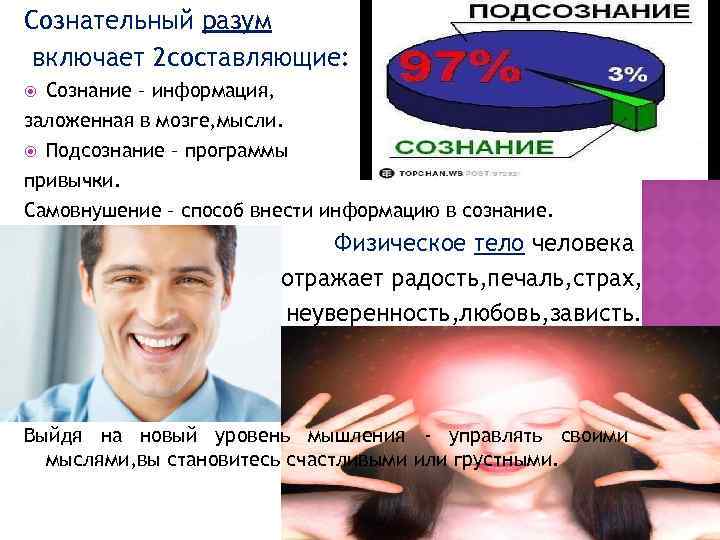 Сознательный разум включает 2 составляющие: Сознание – информация, заложенная в мозге, мысли. Подсознание –