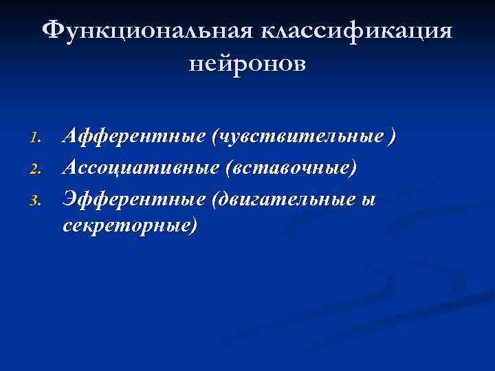 Функциональная классификация нейронов 1. 2. 3. Афферентные (чувствительные ) Ассоциативные (вставочные) Эфферентные (двигательные ы
