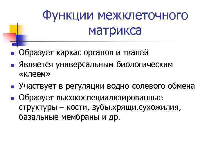 Функции межклеточного матрикса n n Образует каркас органов и тканей Является универсальным биологическим «клеем»