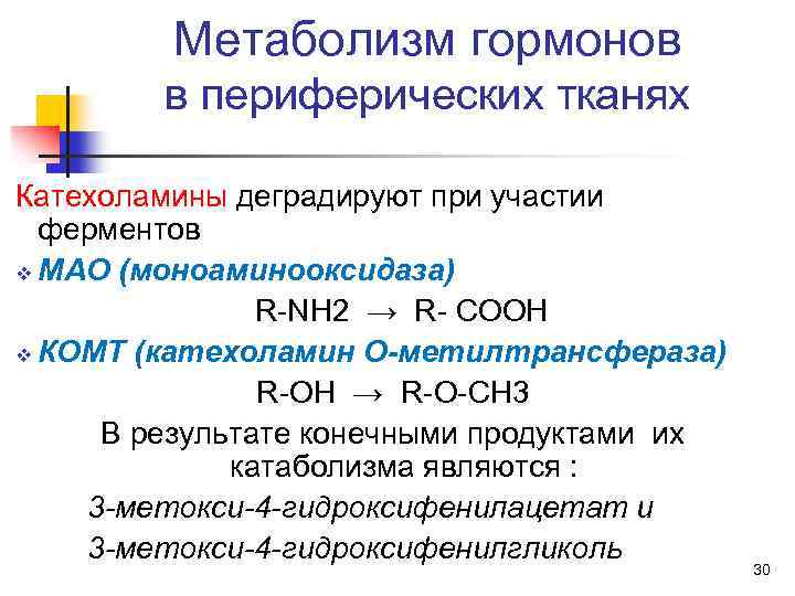 Метаболизм гормонов в периферических тканях Катехоламины деградируют при участии ферментов v МАО (моноаминооксидаза) R-NH