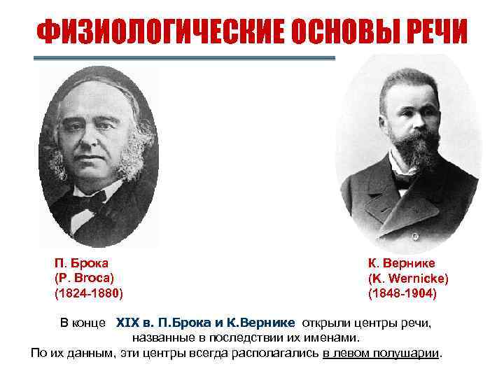 ФИЗИОЛОГИЧЕСКИЕ ОСНОВЫ РЕЧИ П. Брока (P. Broca) (1824 -1880) К. Вернике (K. Wernicke) (1848