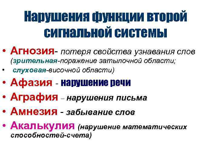 Нарушения функции второй сигнальной системы • Агнозия- потеря свойства узнавания слов (зрительная-поражение затылочной области;