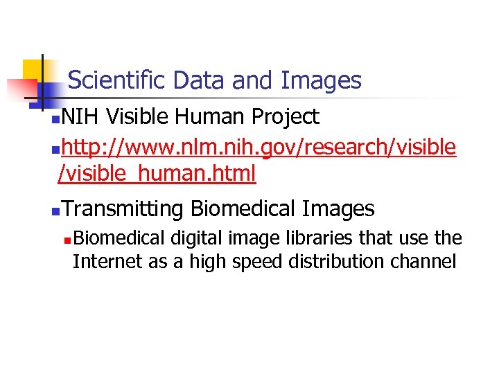 Scientific Data and Images NIH Visible Human Project nhttp: //www. nlm. nih. gov/research/visible_human. html