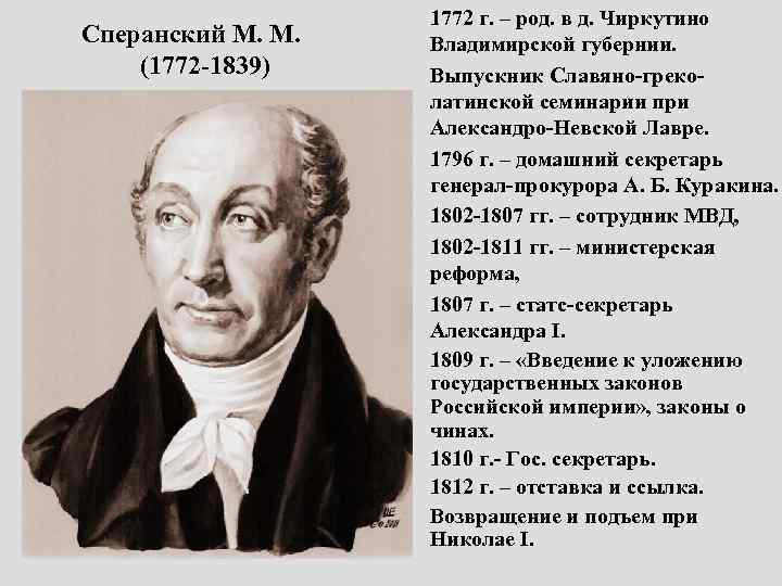  Сперанский М. М. (1772 -1839) 1772 г. – род. в д. Чиркутино Владимирской