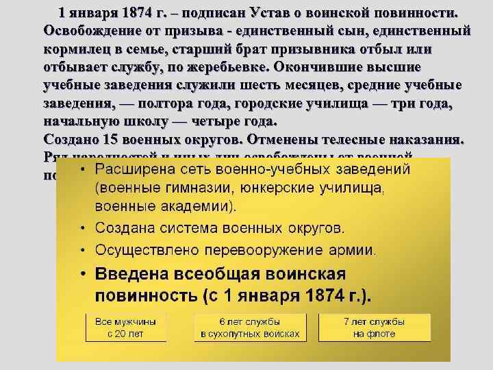 1 января 1874 г. – подписан Устав о воинской повинности. Освобождение от призыва -