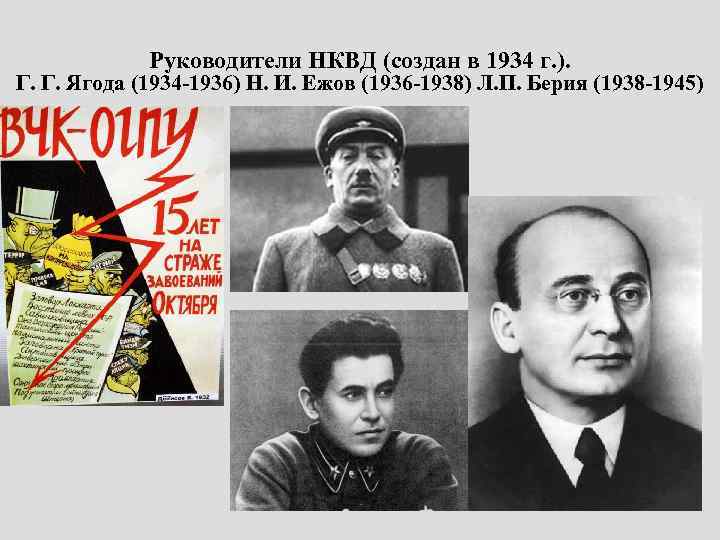 Руководители НКВД (создан в 1934 г. ). Г. Г. Ягода (1934 -1936) Н. И.