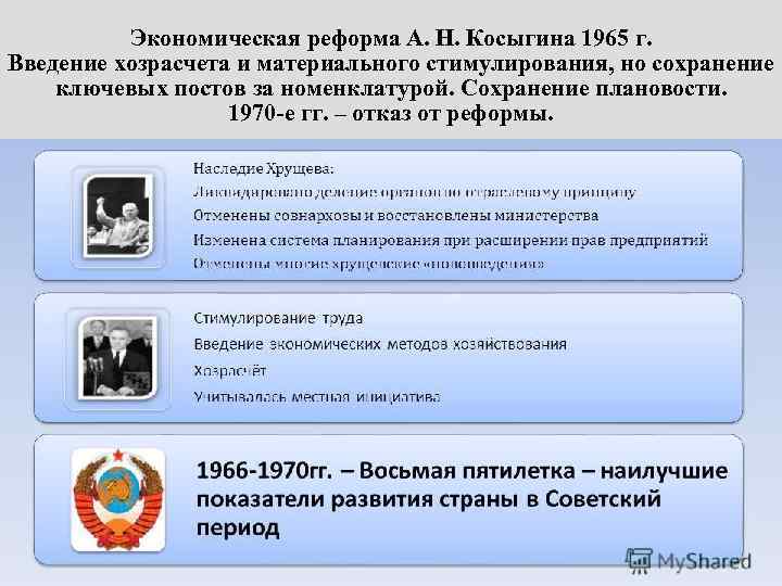 Экономическая реформа А. Н. Косыгина 1965 г. Введение хозрасчета и материального стимулирования, но сохранение