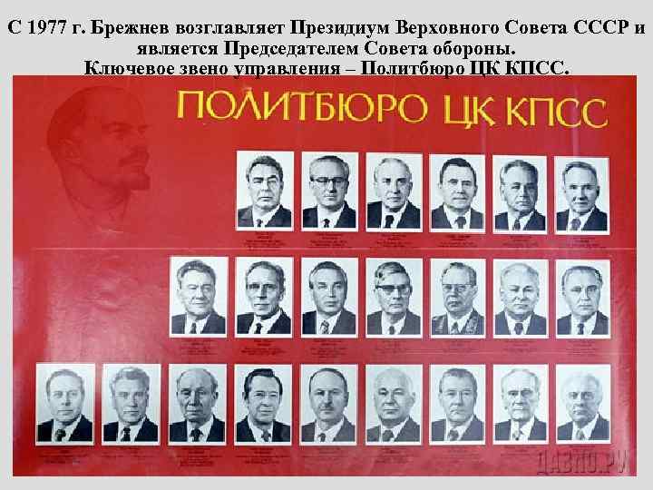 С 1977 г. Брежнев возглавляет Президиум Верховного Совета СССР и является Председателем Совета обороны.