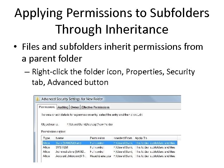 Applying Permissions to Subfolders Through Inheritance • Files and subfolders inherit permissions from a