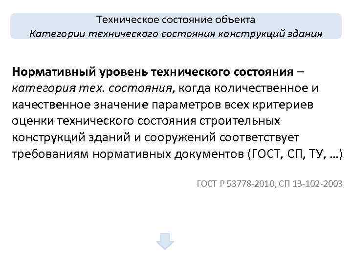  Техническое состояние объекта Категории технического состояния конструкций здания Нормативный уровень технического состояния –