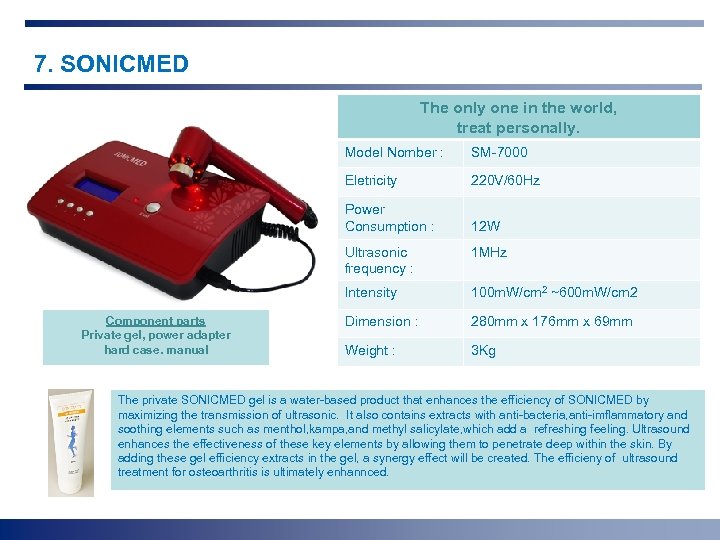7. SONICMED The only one in the world, treat personally. Model Nomber : Eletricity