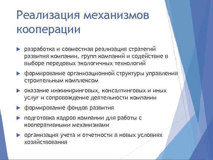 Реализация механизмов кооперации разработка и совместная реализация стратегий развития компании, групп компаний и содействие