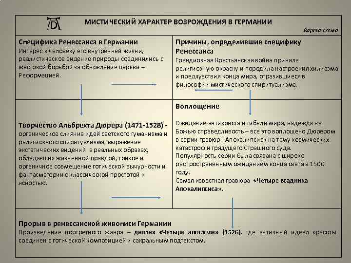 МИСТИЧЕСКИЙ ХАРАКТЕР ВОЗРОЖДЕНИЯ В ГЕРМАНИИ Специфика Ренессанса в Германии Интерес к человеку его внутренней