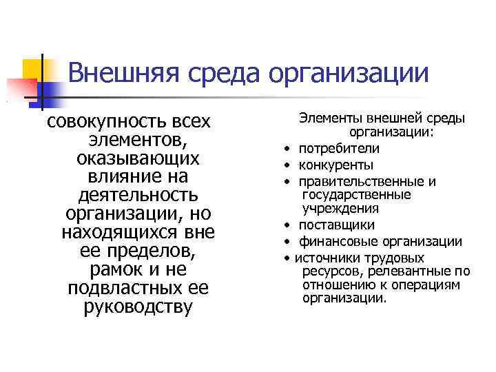 Внешняя среда организации совокупность всех элементов, оказывающих влияние на деятельность организации, но находящихся вне