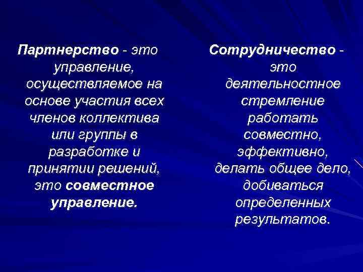 Партнерство - это управление, осуществляемое на основе участия всех членов коллектива или группы в