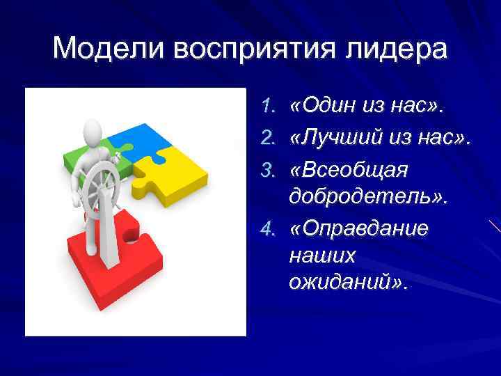 Модели восприятия лидера 1. «Один из нас» . 2. «Лучший из нас» . 3.