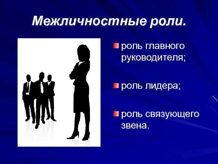Межличностные роли. роль главного руководителя; роль лидера; роль связующего звена. 