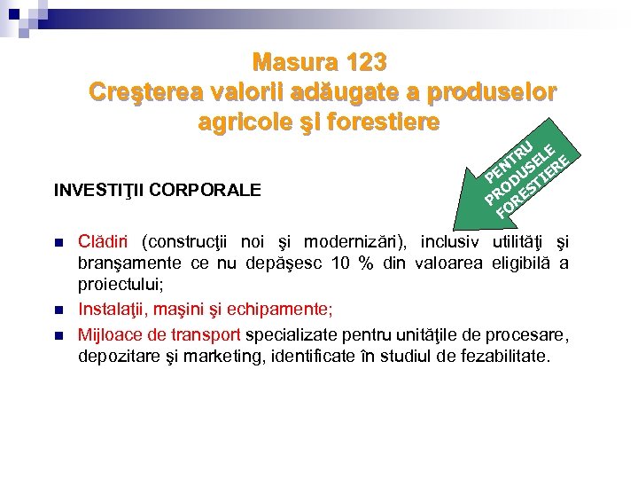 Masura 123 Creşterea valorii adăugate a produselor agricole şi forestiere INVESTIŢII CORPORALE n n