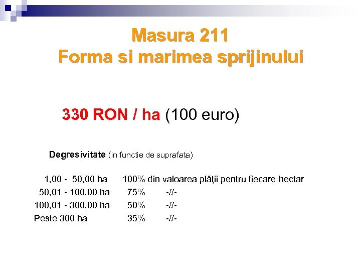 Masura 211 Forma si marimea sprijinului 330 RON / ha (100 euro) Degresivitate (in