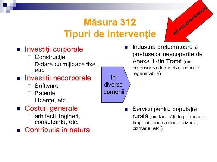 I R DE N Măsura 312 Tipuri de intervenţie n Investiţii corporale ¨ ¨