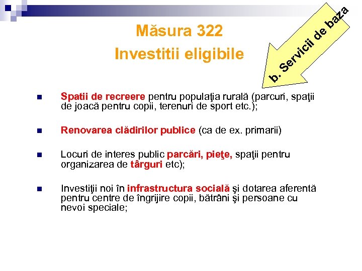 za a b e Măsura 322 Investitii eligibile i d i c vi r