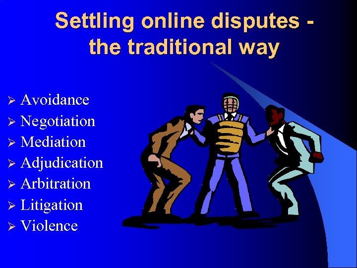 Settling online disputes the traditional way Avoidance Ø Negotiation Ø Mediation Ø Adjudication Ø