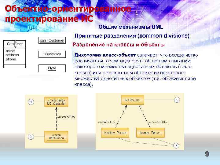 Объектно-ориентированное проектирование ИС Общие механизмы UML Принятые разделения (common divisions) Разделение на классы и