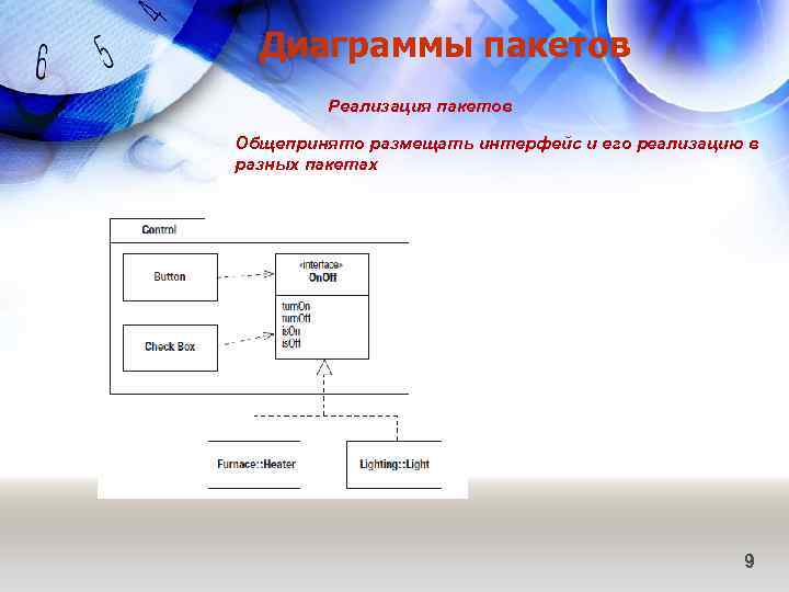 Диаграммы пакетов Реализация пакетов Общепринято размещать интерфейс и его реализацию в разных пакетах 9