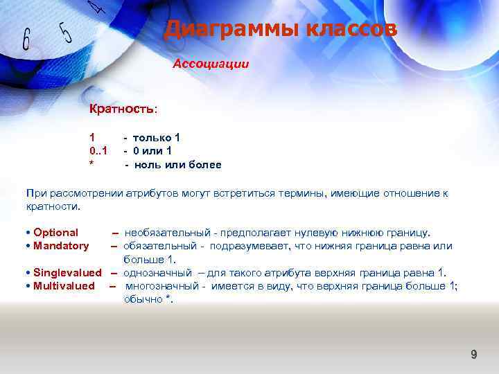 Диаграммы классов Ассоциации Кратность: 1 0. . 1 * - только 1 - 0