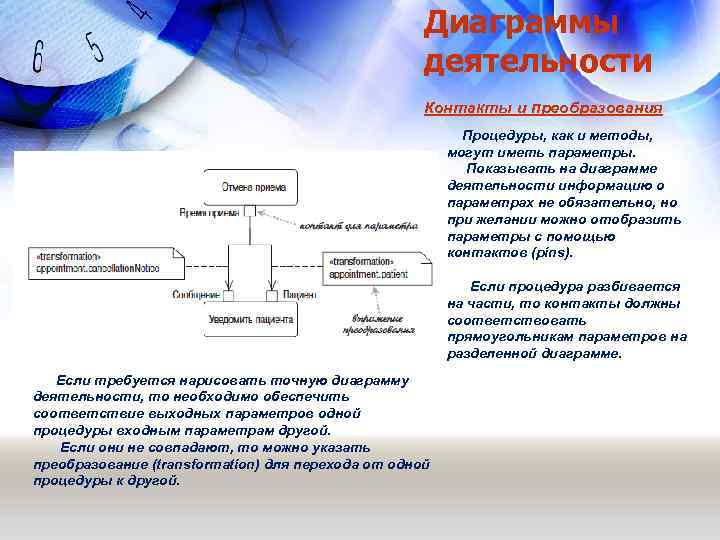 Диаграммы деятельности Контакты и преобразования Процедуры, как и методы, могут иметь параметры. Показывать на