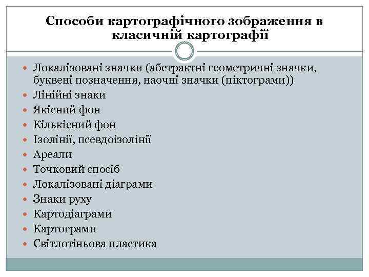 Способи картографічного зображення в класичній картографії Локалізовані значки (абстрактні геометричні значки, буквені позначення, наочні