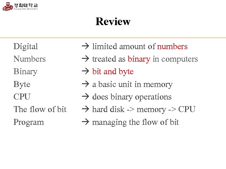 Review Digital Numbers Binary Byte CPU The flow of bit Program limited amount of