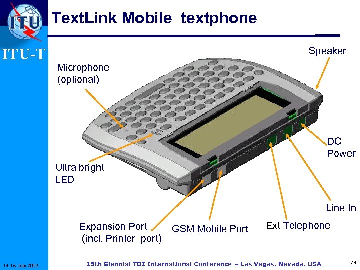 Text. Link Mobile textphone ITU-T Speaker Microphone (optional) DC Power Ultra bright LED Line