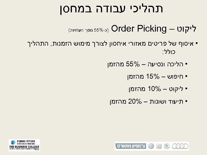  תהליכי עבודה במחסן ליקוט – Order Picking )כ-%55 מסך העלויות( • איסוף של