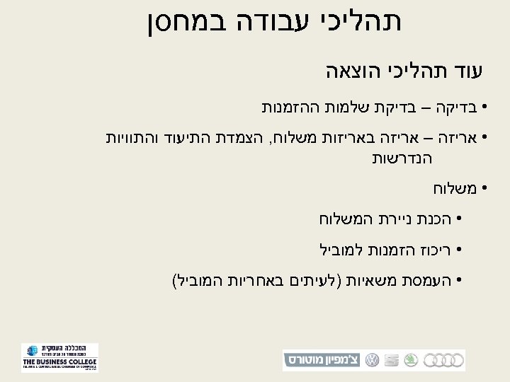  תהליכי עבודה במחסן עוד תהליכי הוצאה • בדיקה – בדיקת שלמות ההזמנות •