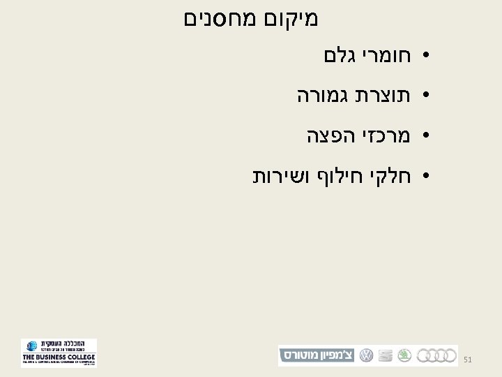  מיקום מחסנים • חומרי גלם • תוצרת גמורה • מרכזי הפצה • חלקי