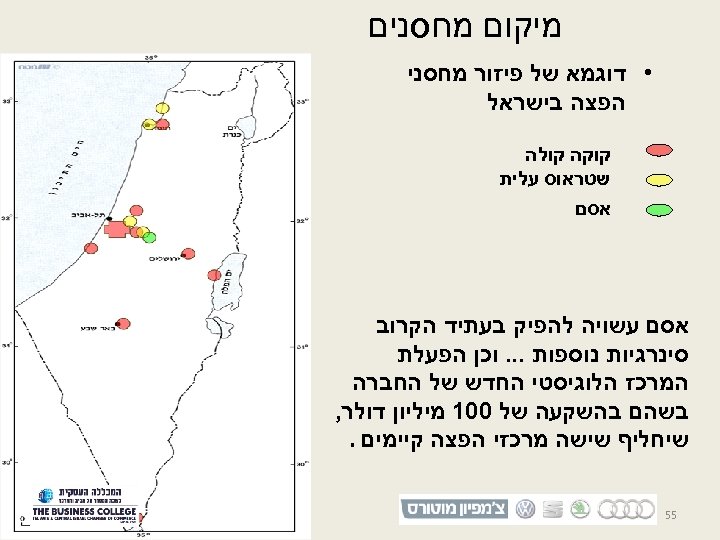  מיקום מחסנים • דוגמא של פיזור מחסני הפצה בישראל קוקה קולה שטראוס עלית