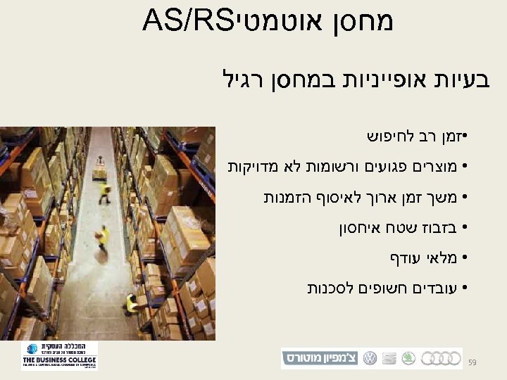  מחסן אוטמטי AS/RS בעיות אופייניות במחסן רגיל • זמן רב לחיפוש • מוצרים