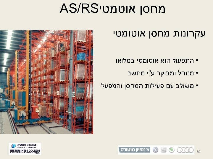  מחסן אוטמטי AS/RS עקרונות מחסן אוטומטי • התפעול הוא אוטומטי במלואו • מנוהל