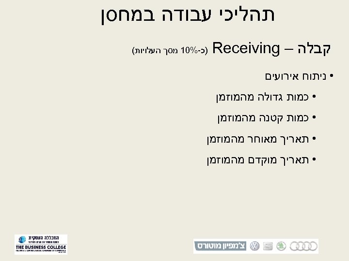  תהליכי עבודה במחסן קבלה – Receiving )כ-%01 מסך העלויות( • ניתוח אירועים •
