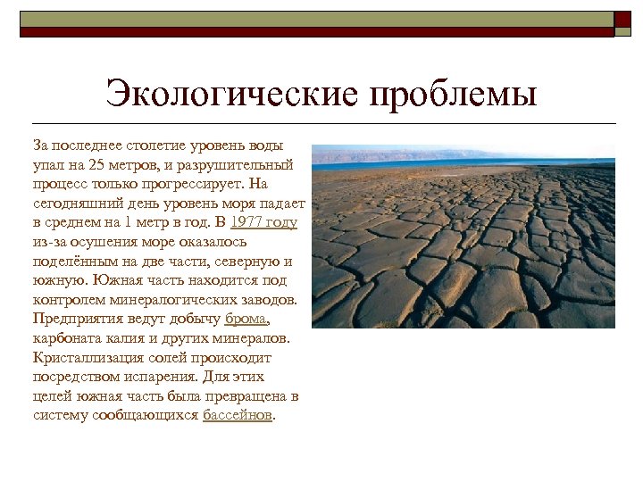 Экологические проблемы За последнее столетие уровень воды упал на 25 метров, и разрушительный процесс