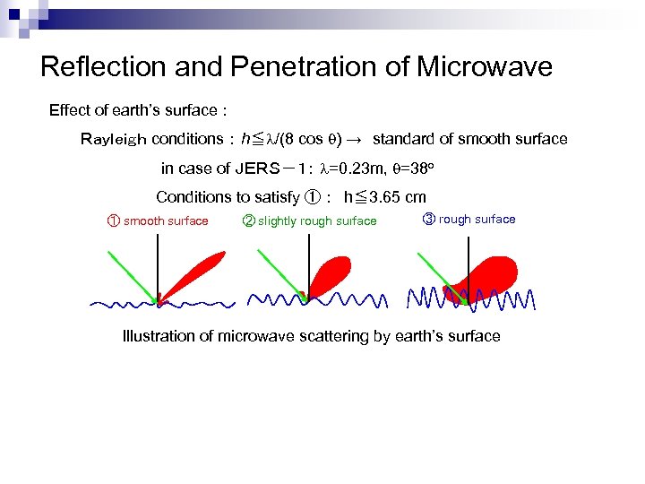 Reflection and Penetration of Microwave Effect of earth’s surface : 　　　Ｒａｙｌｅｉｇｈ conditions ： h≦l/(8