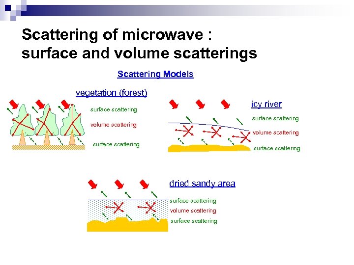 Scattering of microwave : surface and volume scatterings Scattering Models vegetation (forest) icy river