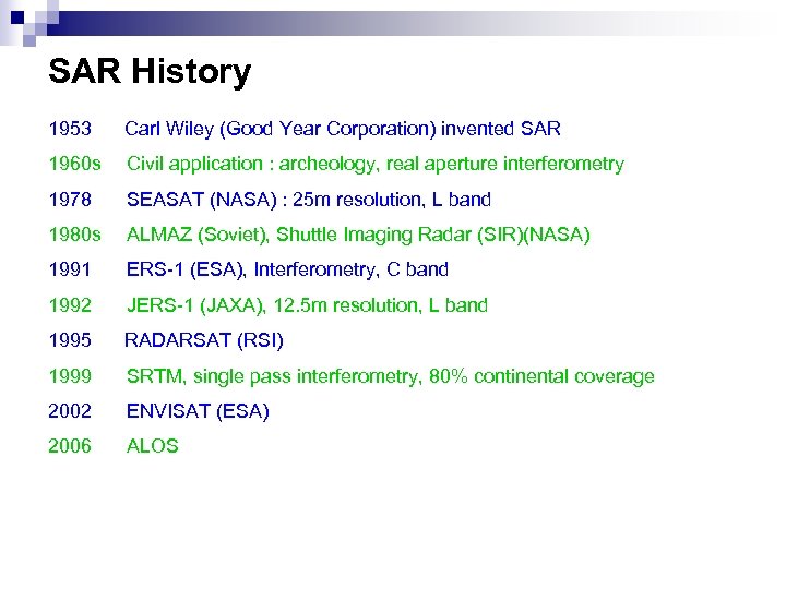 SAR History 1953 Carl Wiley (Good Year Corporation) invented SAR 1960 s Civil application