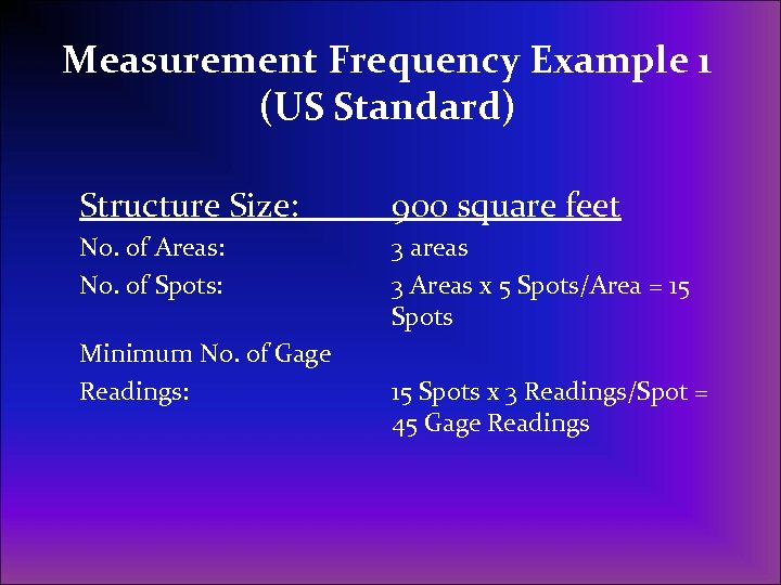 Measurement Frequency Example 1 (US Standard) Structure Size: 900 square feet No. of Areas: