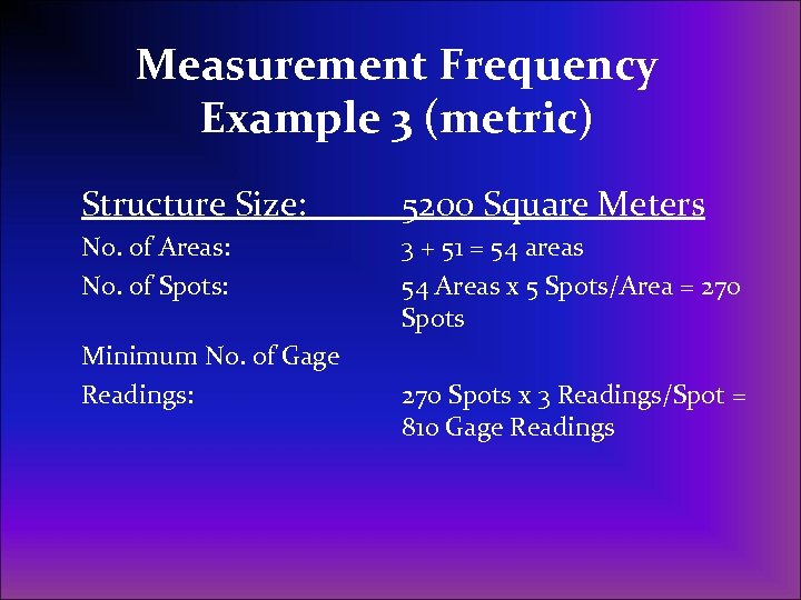 Measurement Frequency Example 3 (metric) Structure Size: 5200 Square Meters No. of Areas: No.