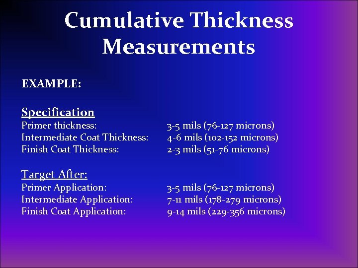 Cumulative Thickness Measurements EXAMPLE: Specification Primer thickness: Intermediate Coat Thickness: Finish Coat Thickness: Target