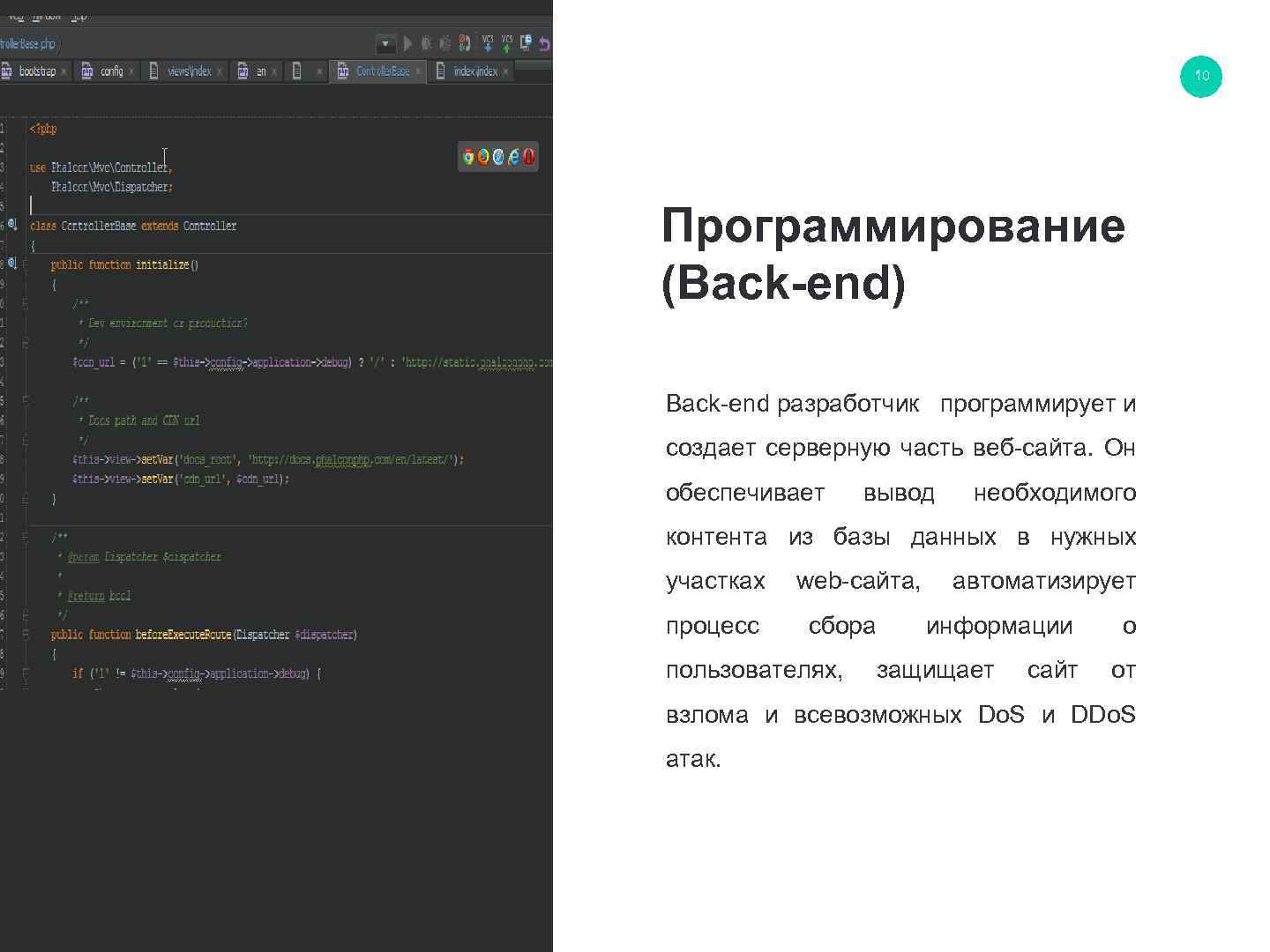 10 Программирование (Back-end) Back-end разработчик программирует и создает серверную часть веб-сайта. Он обеспечивает вывод